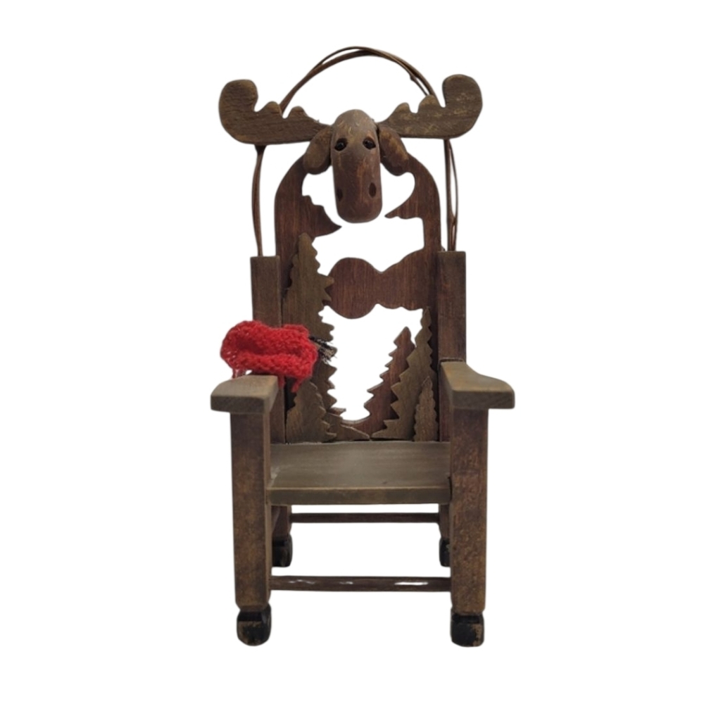 Moose Backed Wooden Chair With Pine Trees & Hat By Primitive Peddler